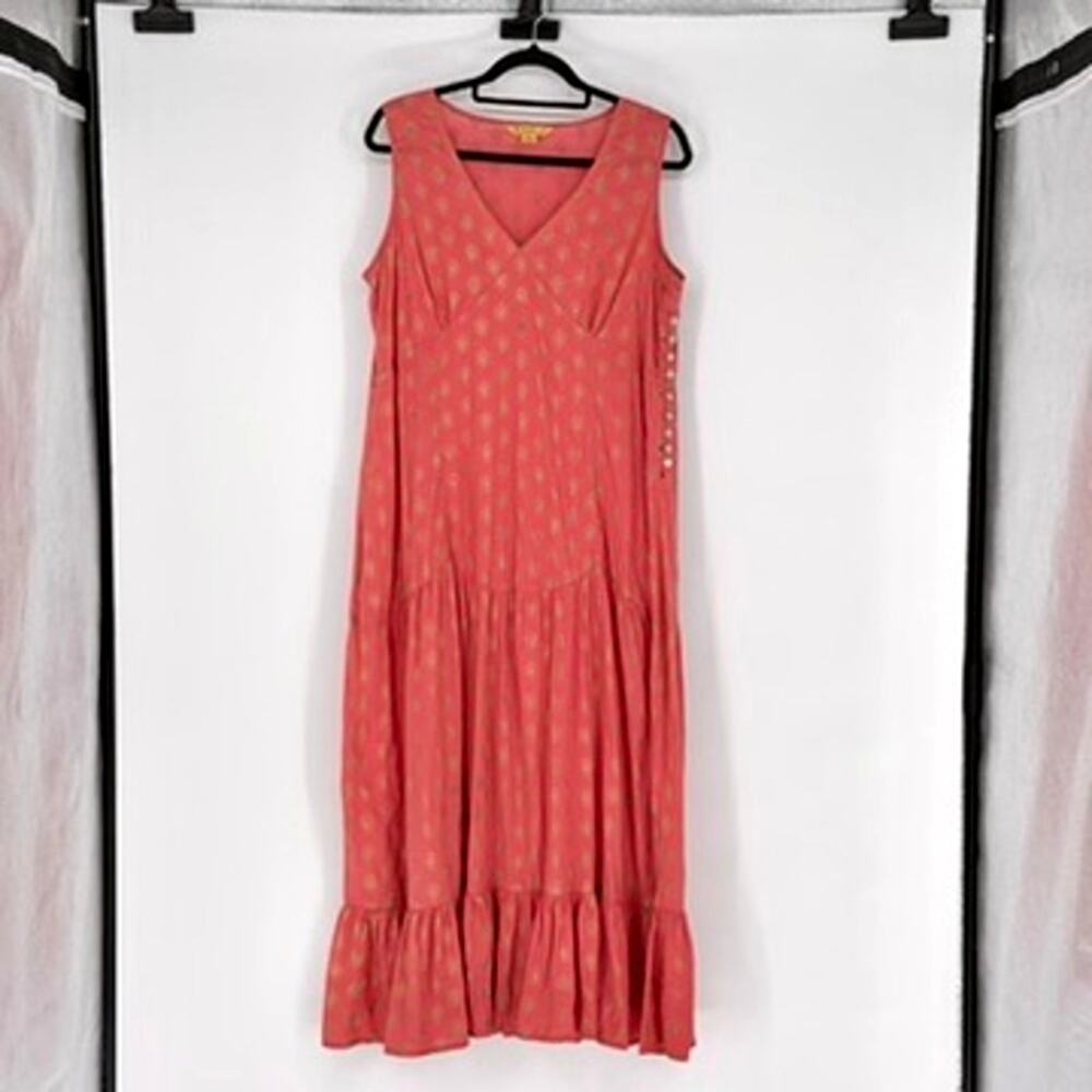 Vtg April Cornell Coral Pink & Metallic Gold Maxi Dress- Size XL  Boho - Hippie